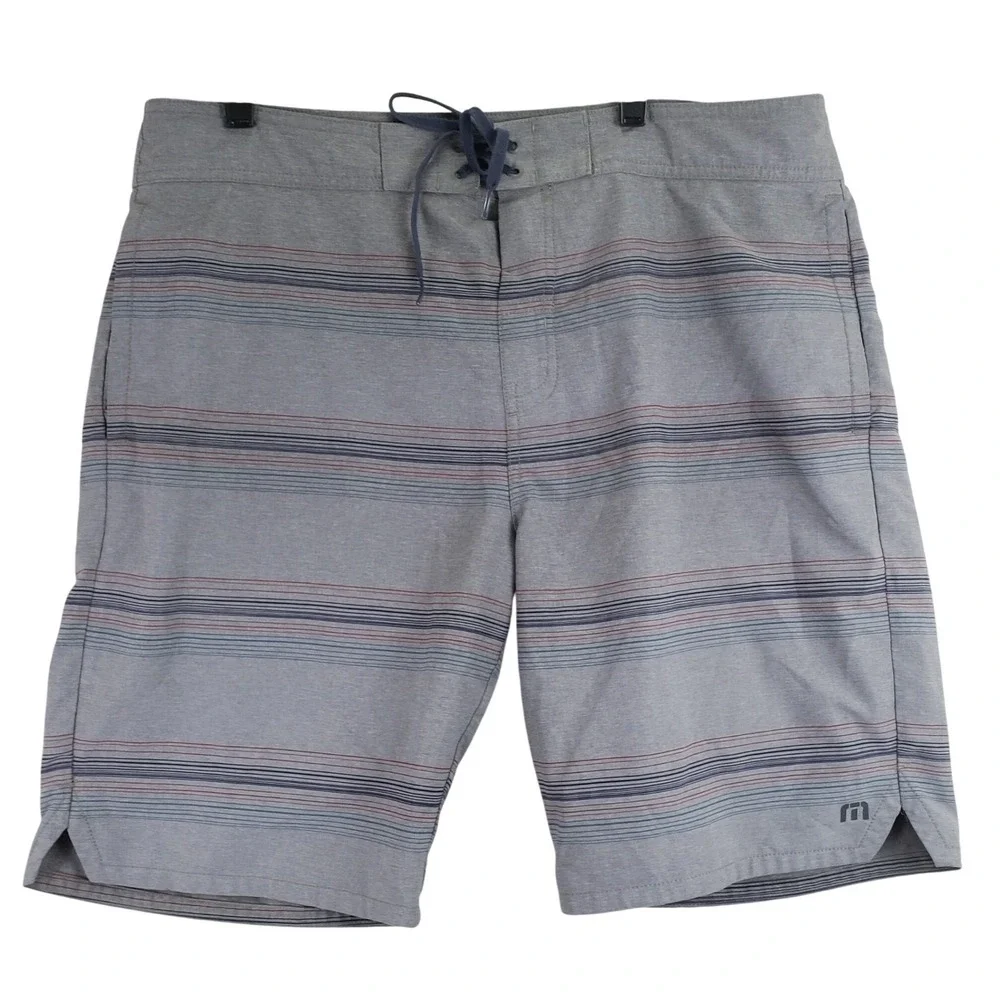Travis Mathew Board Shorts Mens 38 Grey Striped Surf Beach Coastal